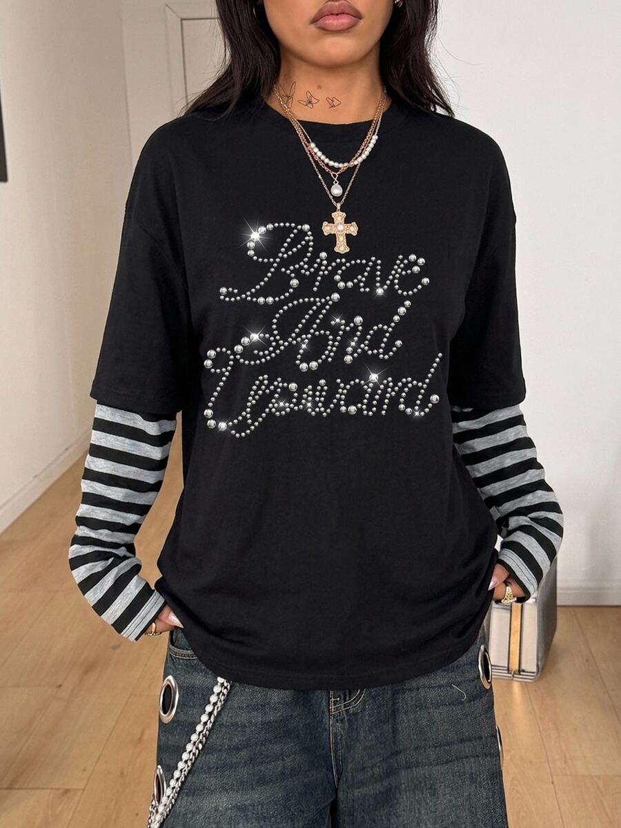 Women's casual 2-in-1 striped long sleeve graphic t-shirt featuring a round neckline, drop shoulders, rib-knit accents, and a loose fit.