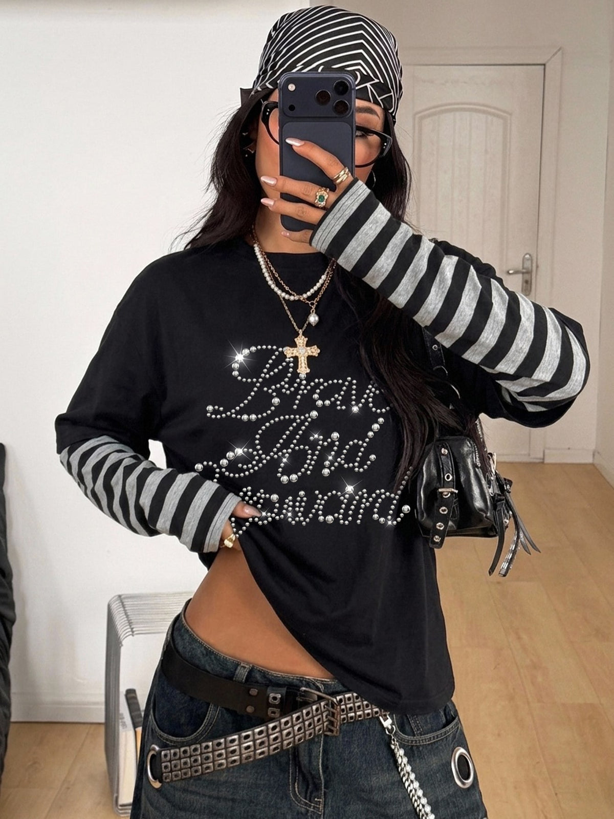 Women's casual 2-in-1 striped long sleeve graphic t-shirt featuring a round neckline, drop shoulders, rib-knit accents, and a loose fit.