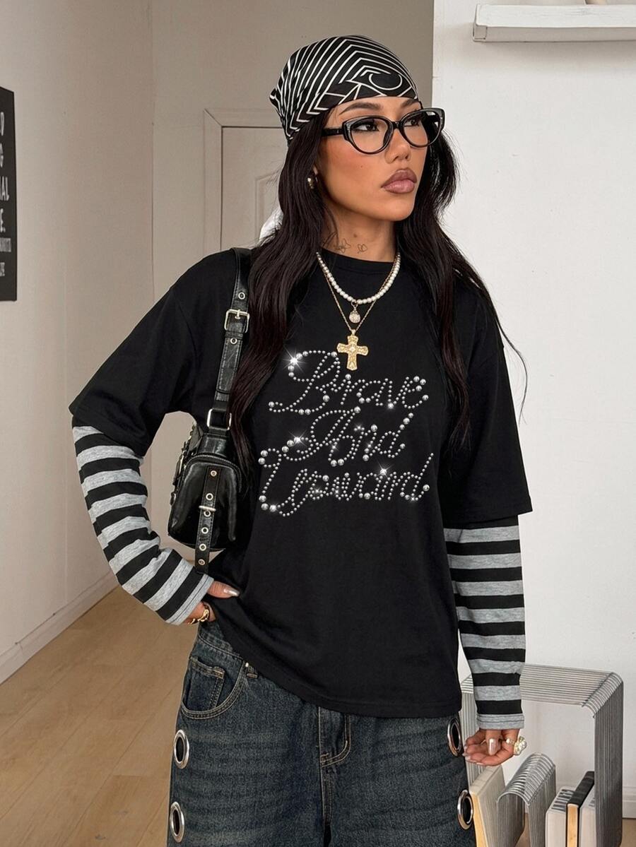 Women's casual 2-in-1 striped long sleeve graphic t-shirt featuring a round neckline, drop shoulders, rib-knit accents, and a loose fit.