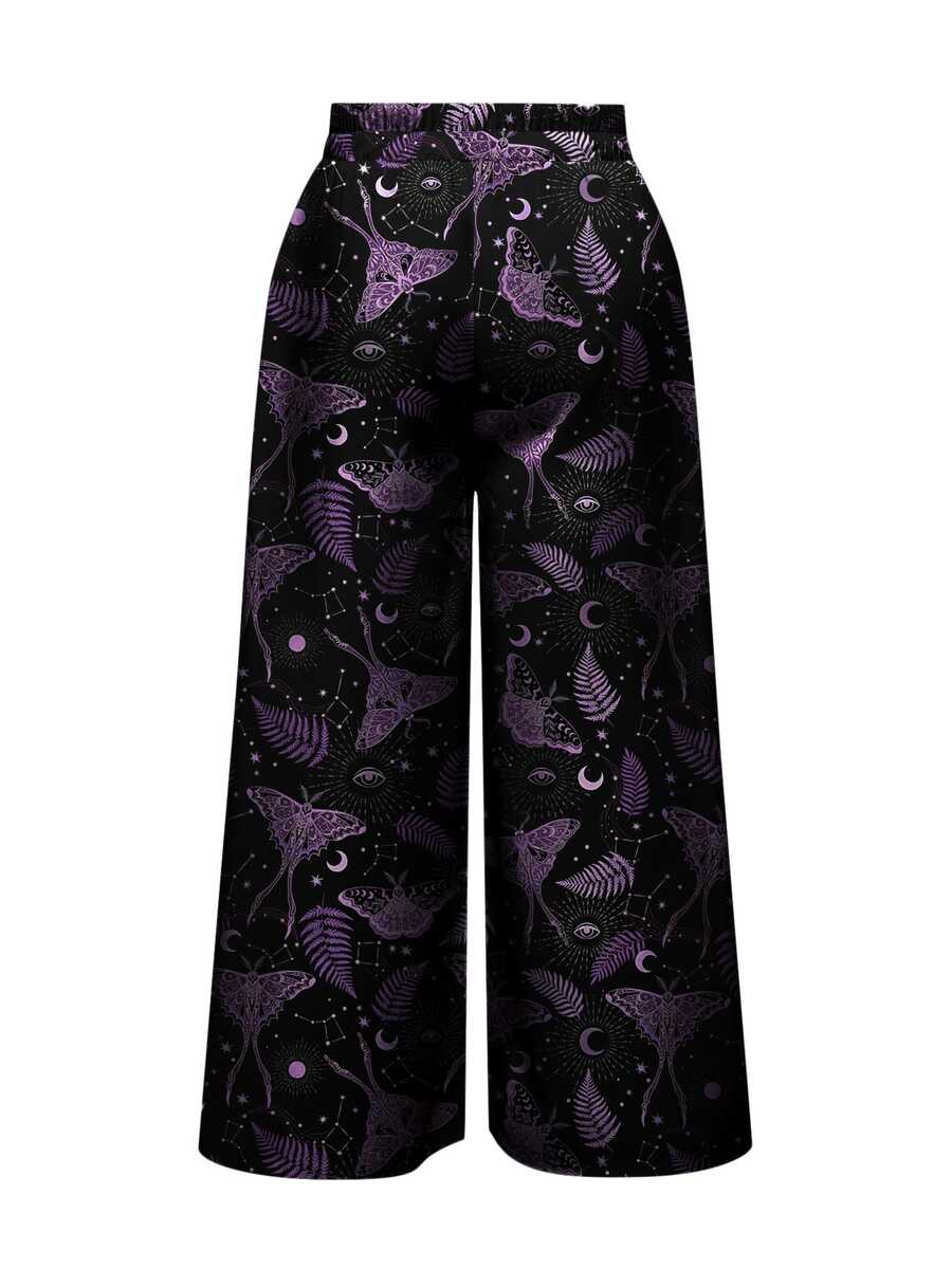 Women's plus size black gothic wide leg pants with split thigh detail and celestial moth, sun, and star pattern.
