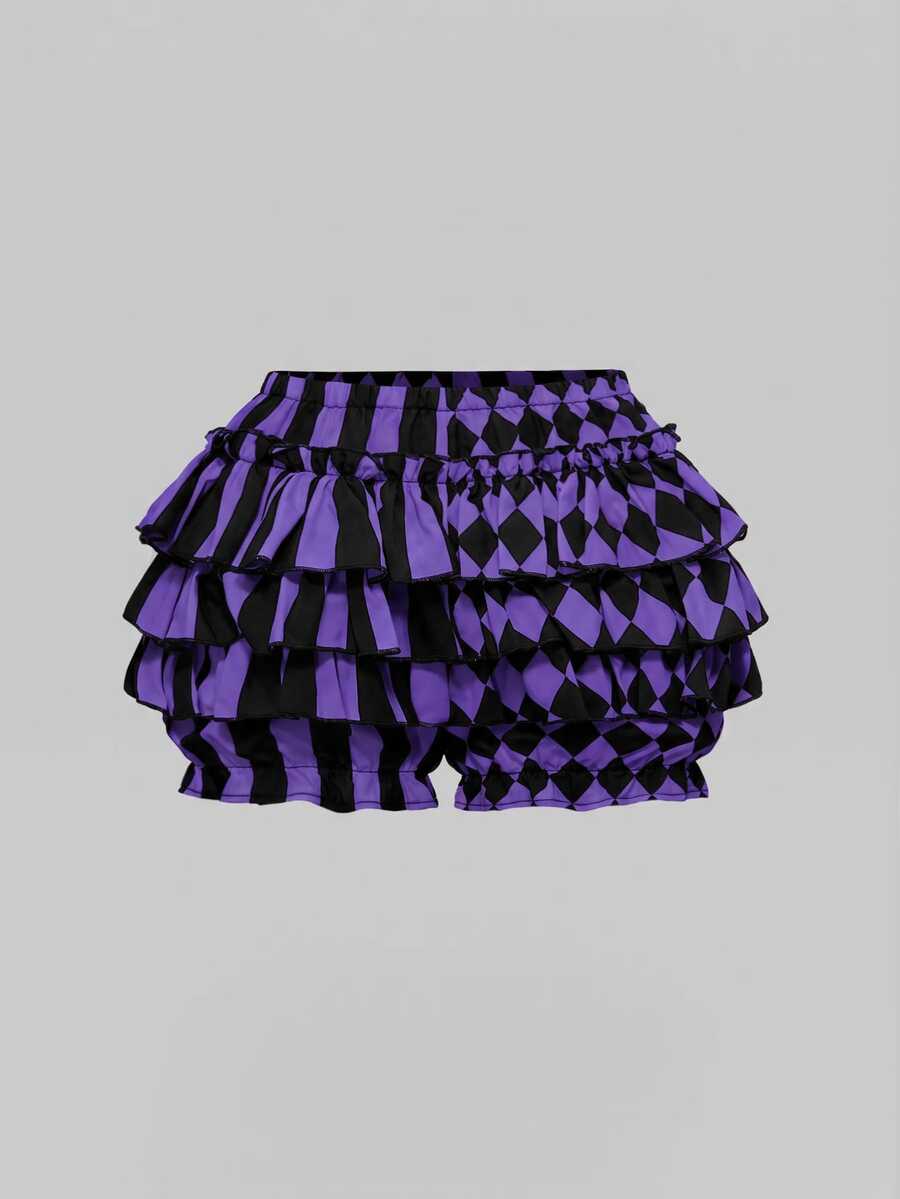 Women's gothic patchwork pumpkin shorts with tiered ruffle hem and geometric striped plaid pattern.
