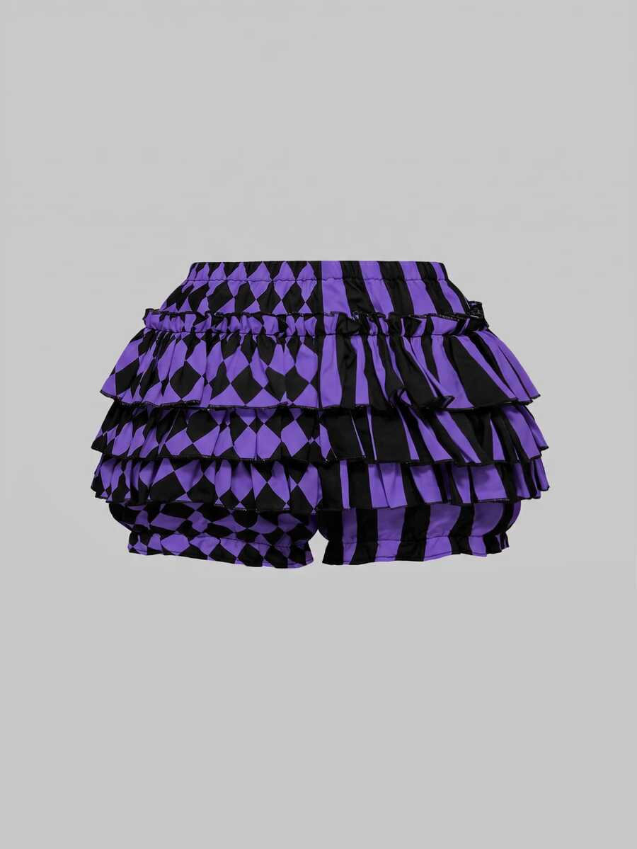 Women's gothic patchwork pumpkin shorts with tiered ruffle hem and geometric striped plaid pattern.