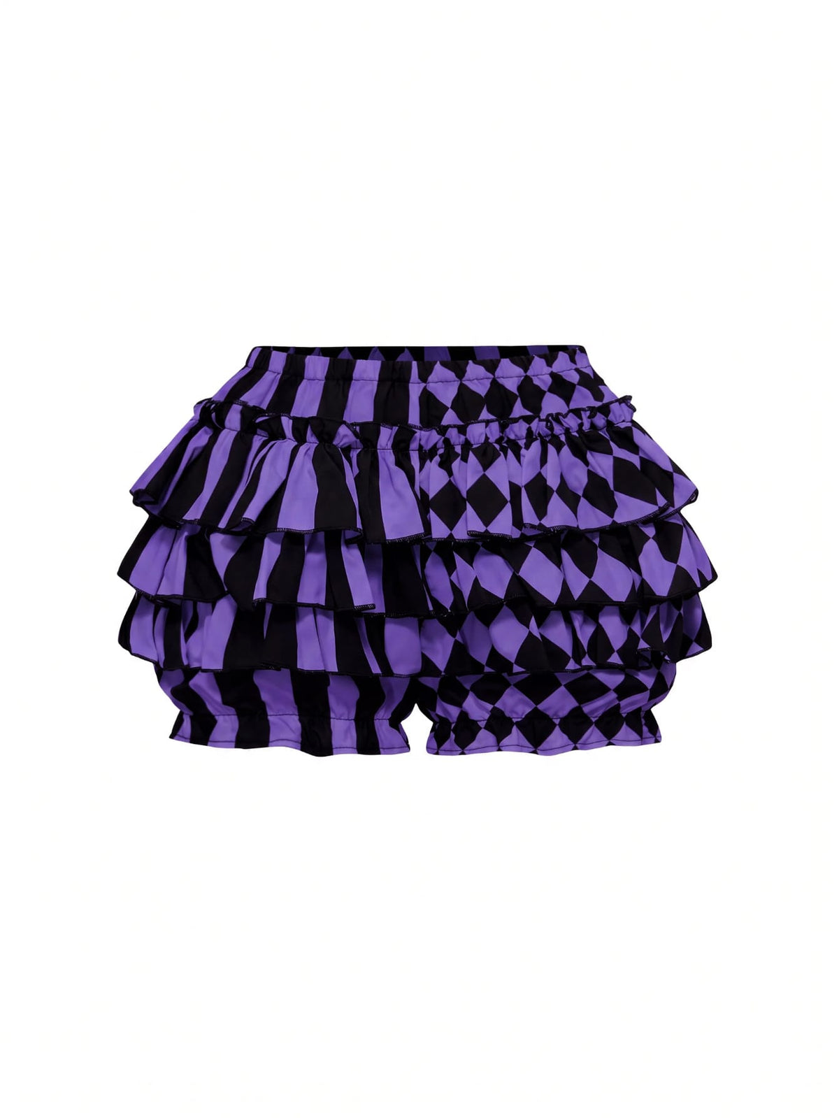 Women's gothic patchwork pumpkin shorts with tiered ruffle hem and geometric striped plaid pattern.
