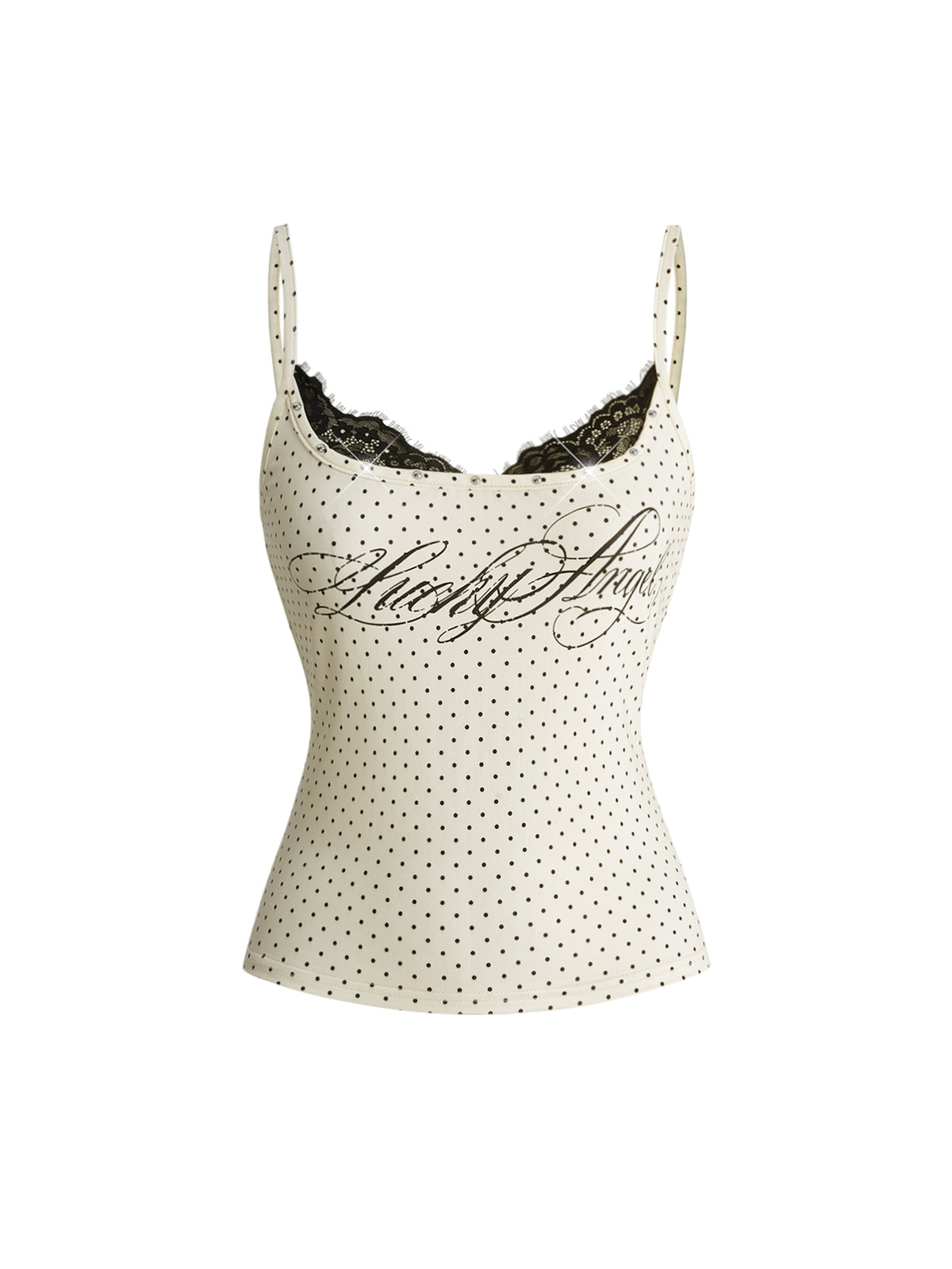 Women's slim fit 2-in-1 spaghetti strap tank top with contrast lace patchwork detail.
