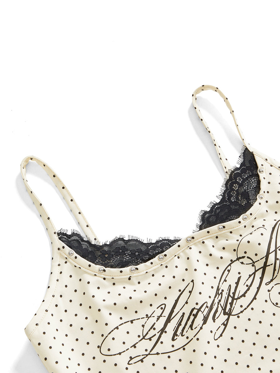 Women's slim fit 2-in-1 spaghetti strap tank top with contrast lace patchwork detail.