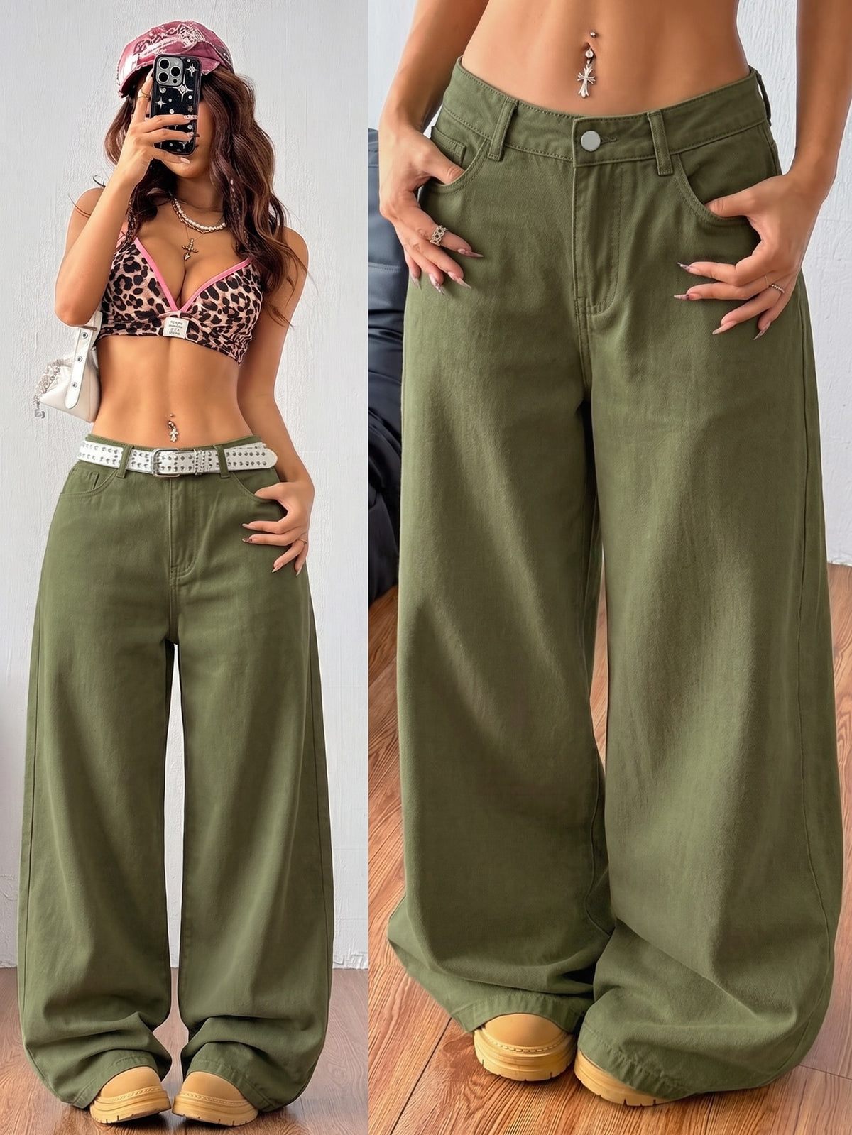 Women's casual loose fit wide leg denim jeans with functional pockets and low waist design.
