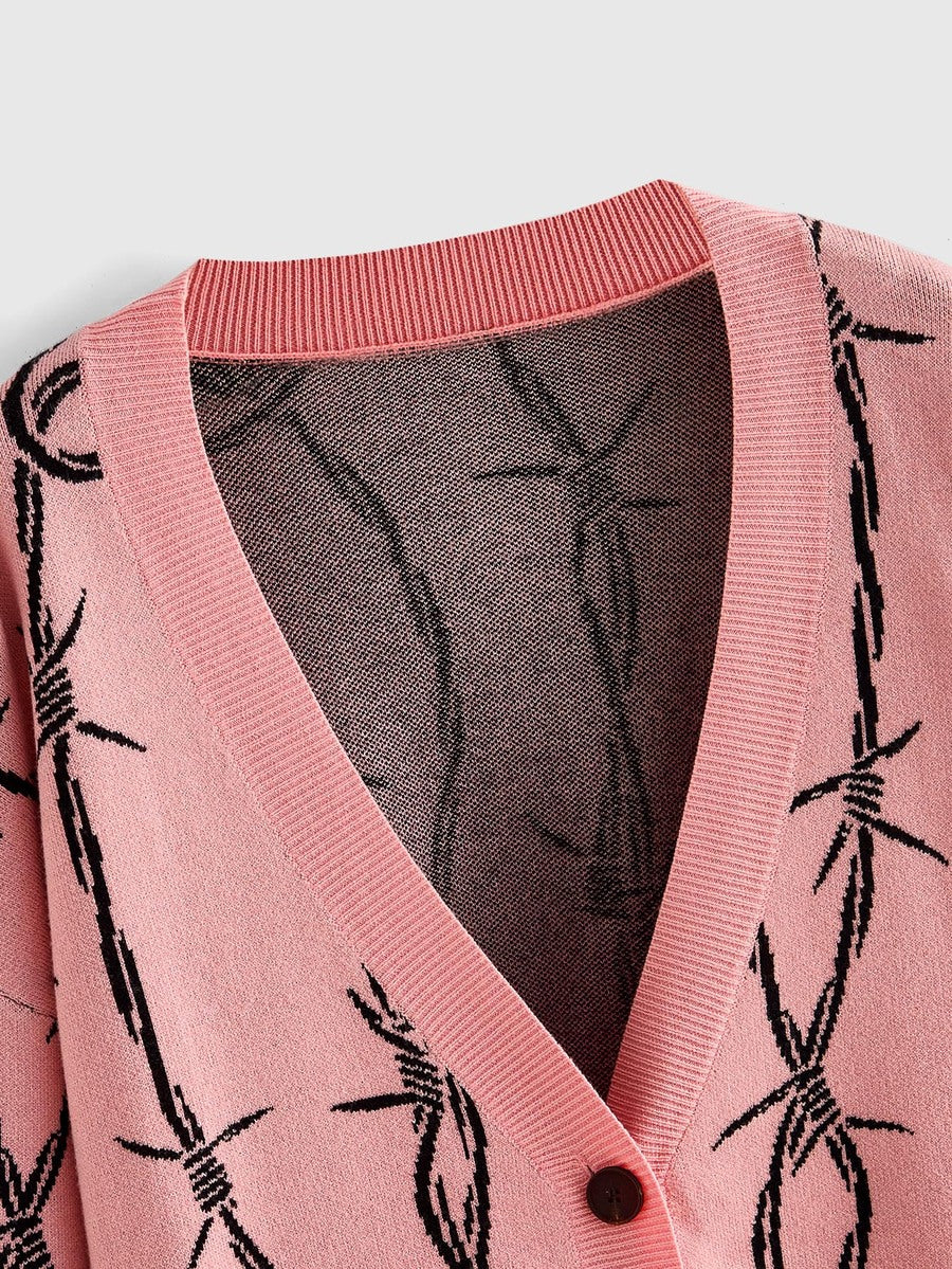 Women's oversized gothic thorn jacquard knit cardigan with V-neckline, button-front closure, and long drop-shoulder sleeves.