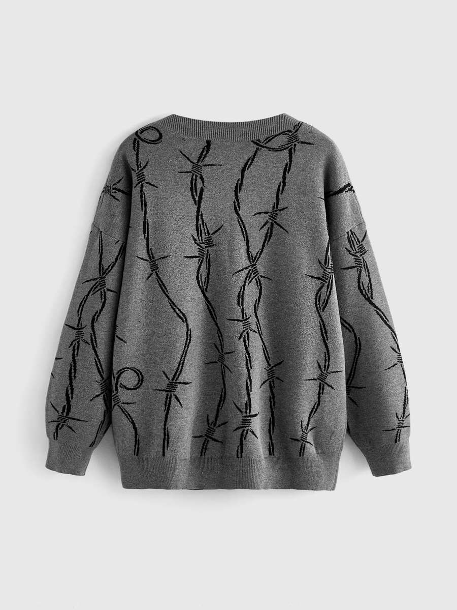 Women's oversized gothic thorn jacquard knit cardigan with V-neckline, button-front closure, and long drop-shoulder sleeves.