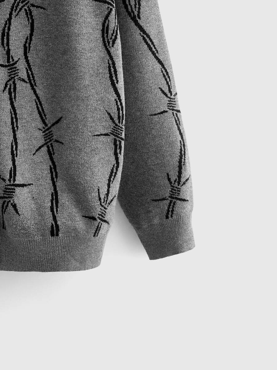 Women's oversized gothic thorn jacquard knit cardigan with V-neckline, button-front closure, and long drop-shoulder sleeves.