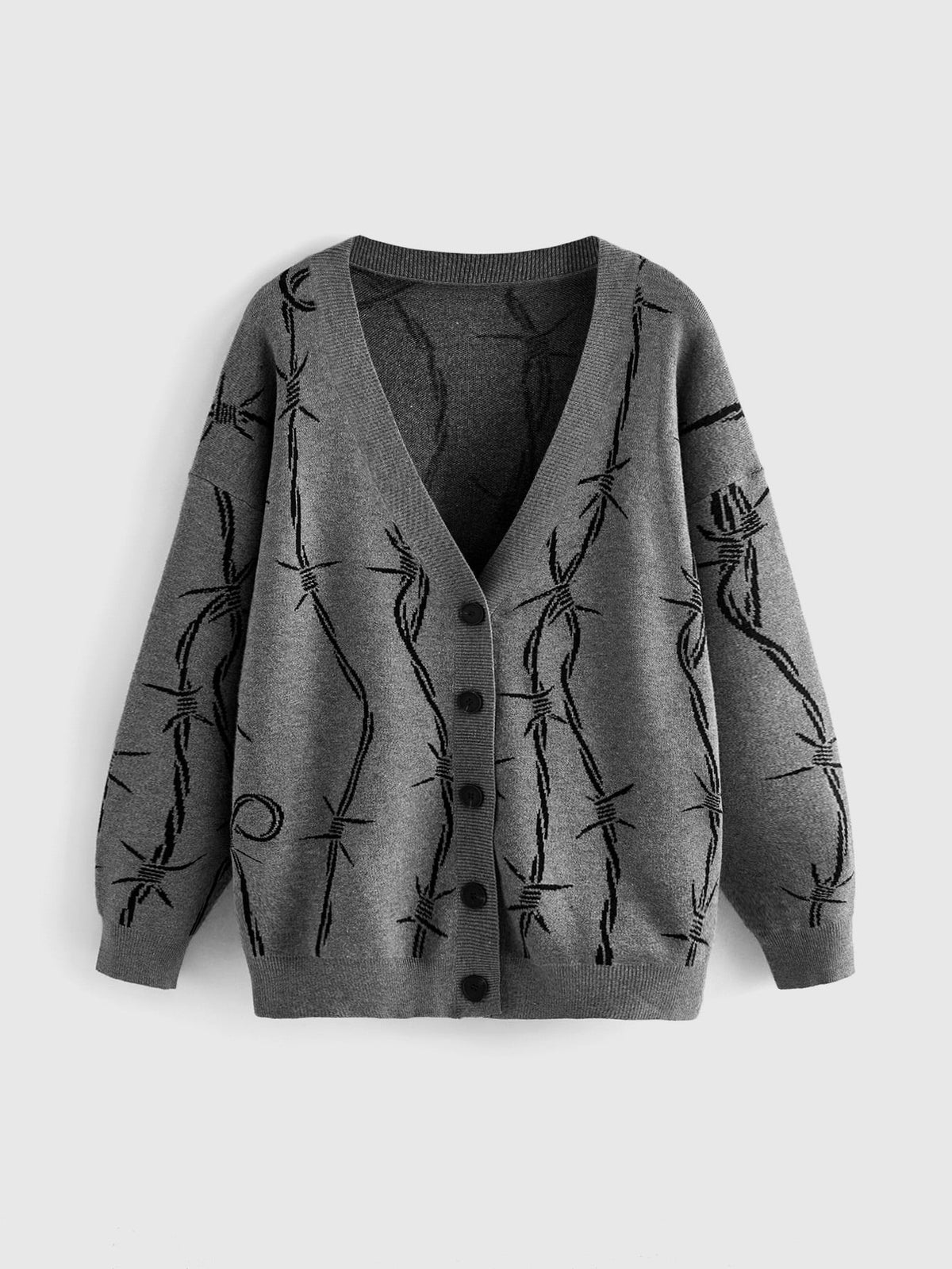 Women's oversized gothic thorn jacquard knit cardigan with V-neckline, button-front closure, and long drop-shoulder sleeves.