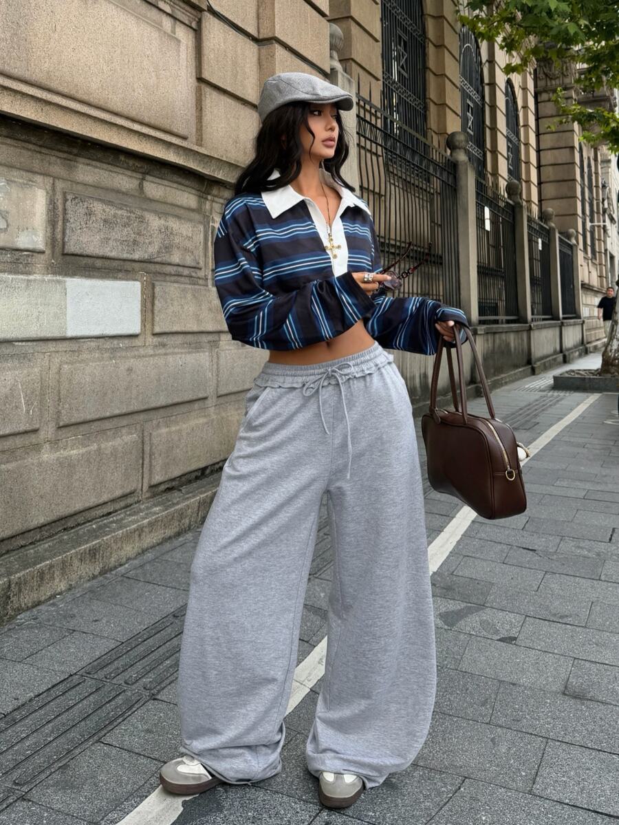 Women's loose straight leg casual pants with drawstring elastic waist and pockets