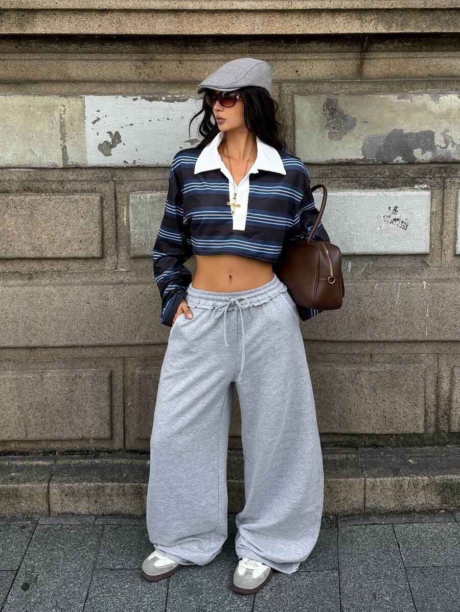 Women's loose straight leg casual pants with drawstring elastic waist and pockets