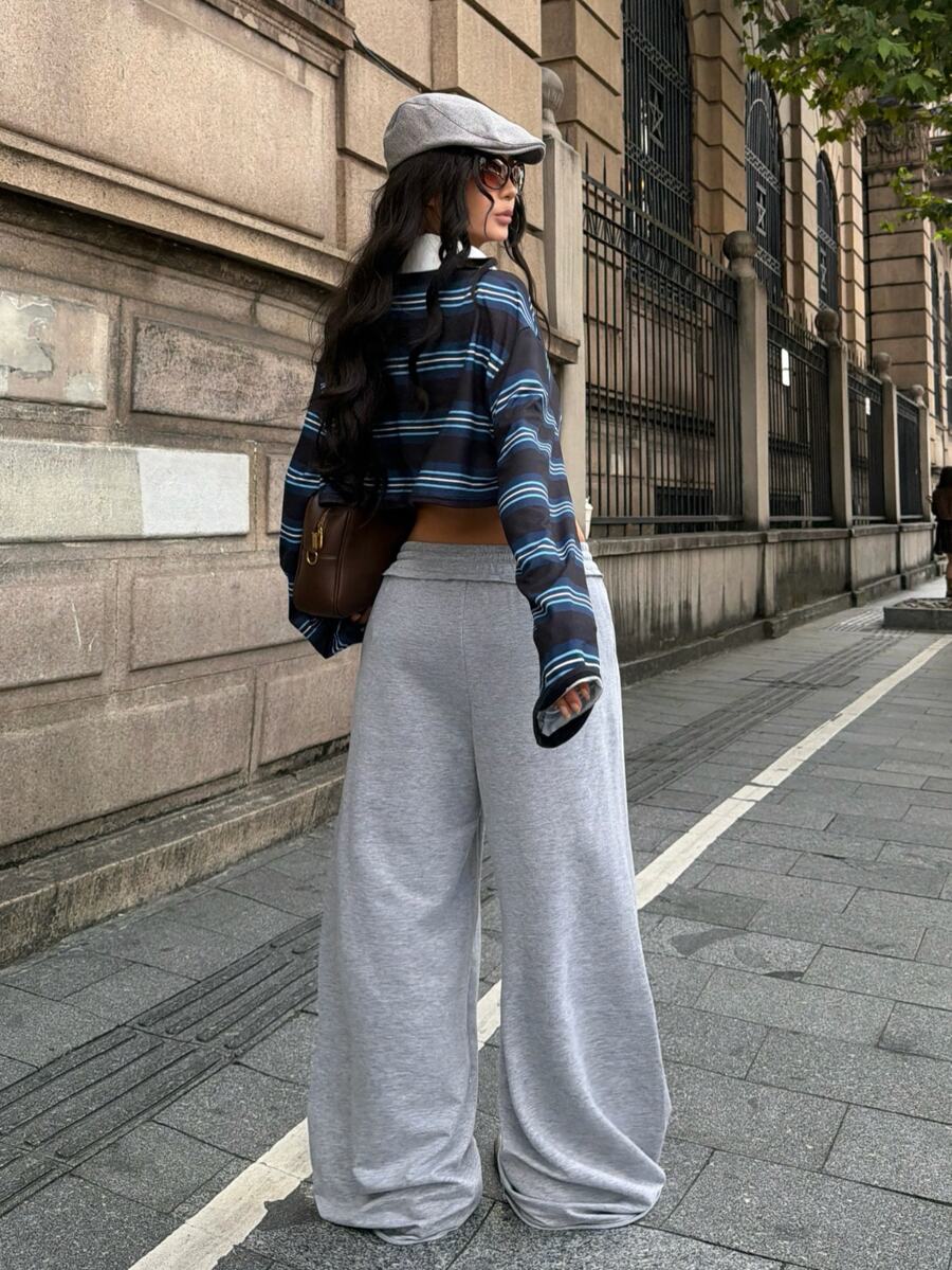 Women's loose straight leg casual pants with drawstring elastic waist and pockets