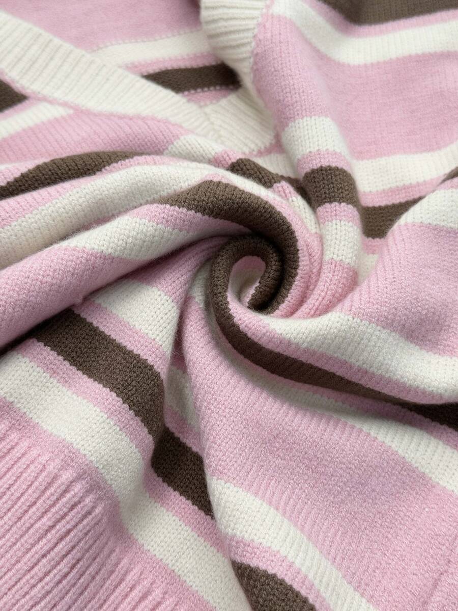 Women's striped long sleeve V-neck cable-knit pullover sweater with ribbed trim.