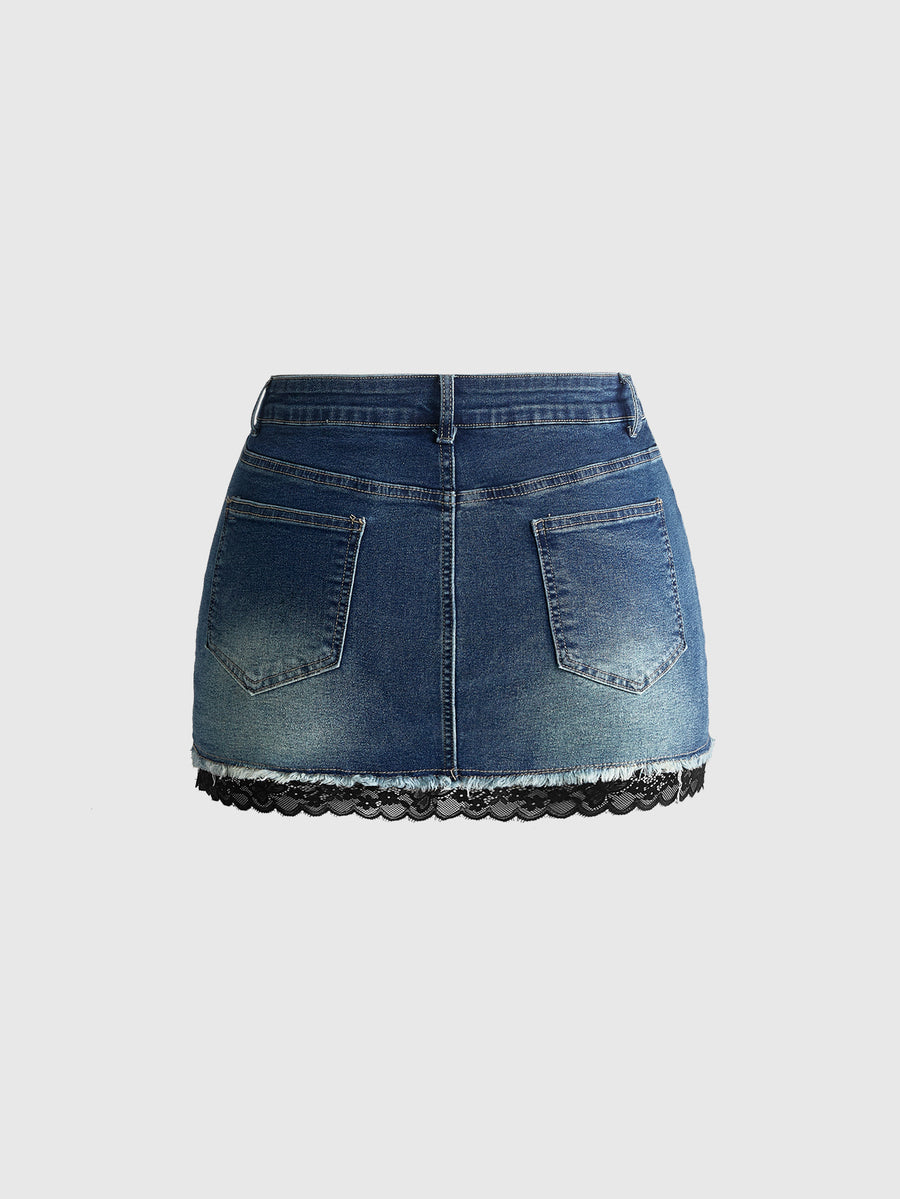 Front view of a women's plus size denim mini skirt with contrast lace trim and a fitted silhouette.