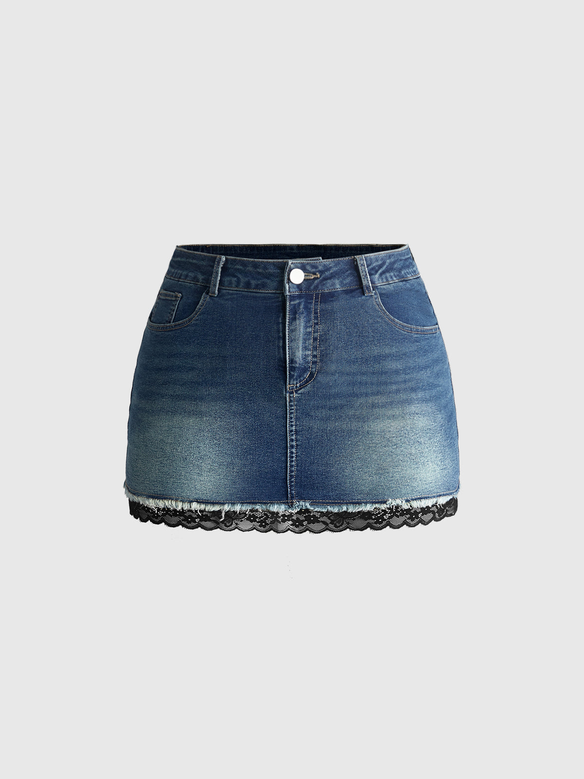 Front view of a women's plus size denim mini skirt with contrast lace trim and a fitted silhouette.