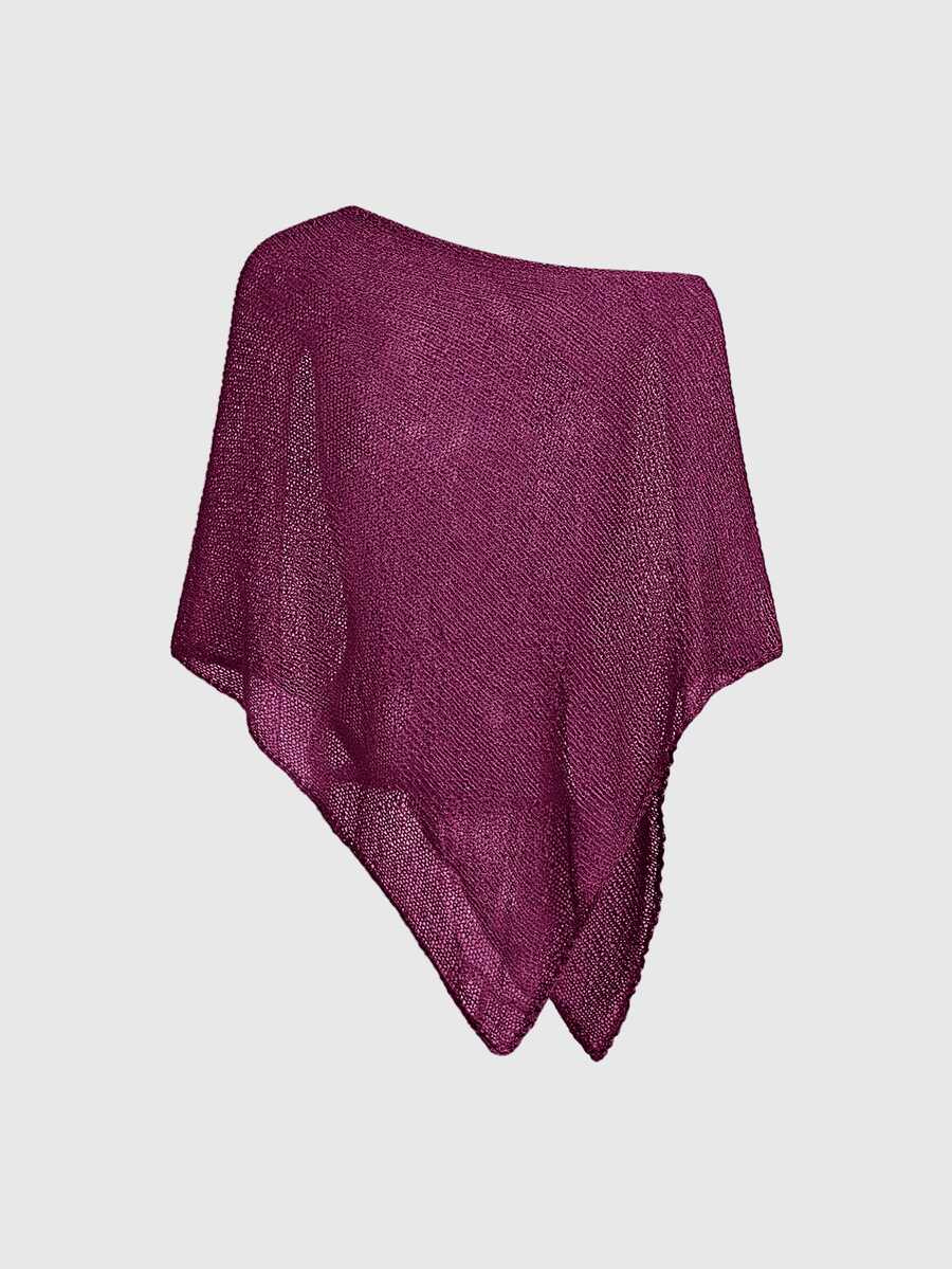 Women's casual hollow knit poncho top with boat neck, cloak sleeves, and asymmetrical hem