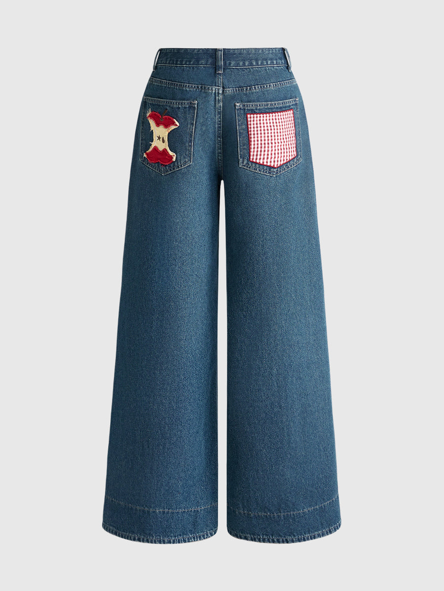 Women's loose baggy blue denim jeans featuring embroidered dragonfly and ladybug patch appliques, front pockets, and a straight-leg cut.