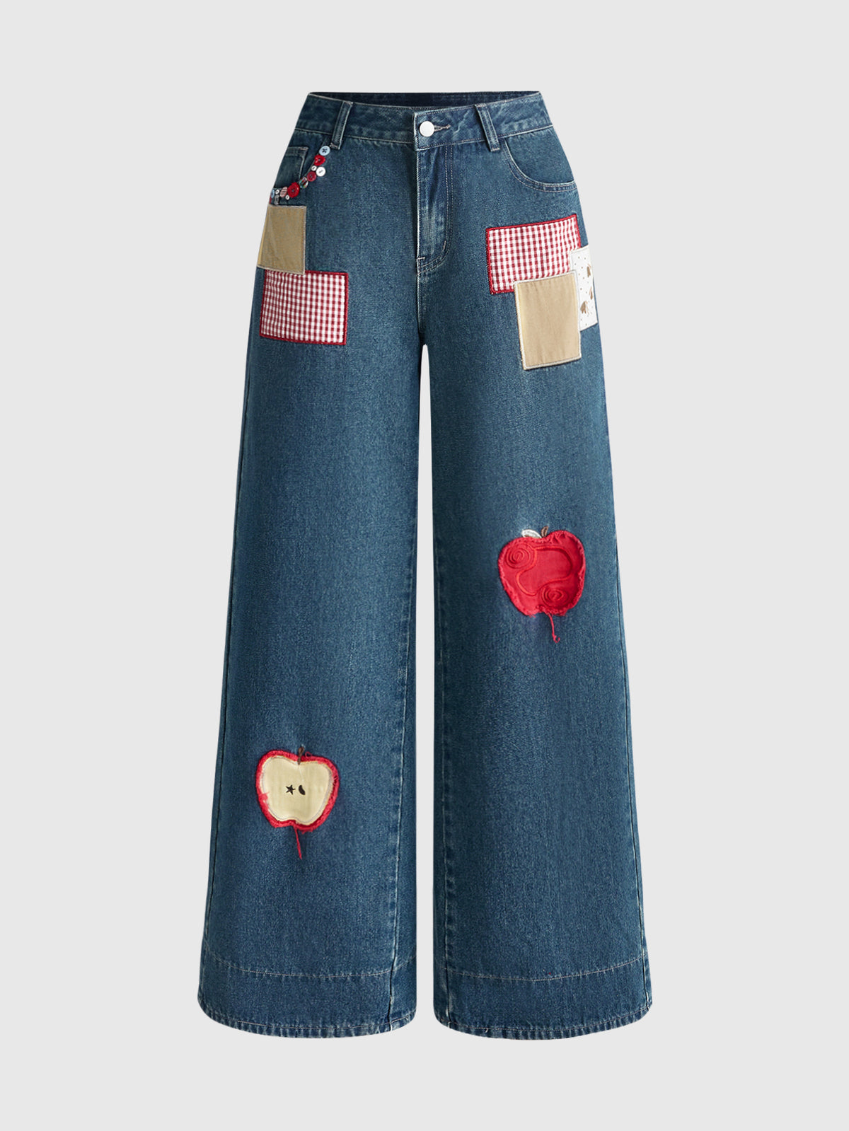 Women's loose baggy blue denim jeans featuring embroidered dragonfly and ladybug patch appliques, front pockets, and a straight-leg cut.