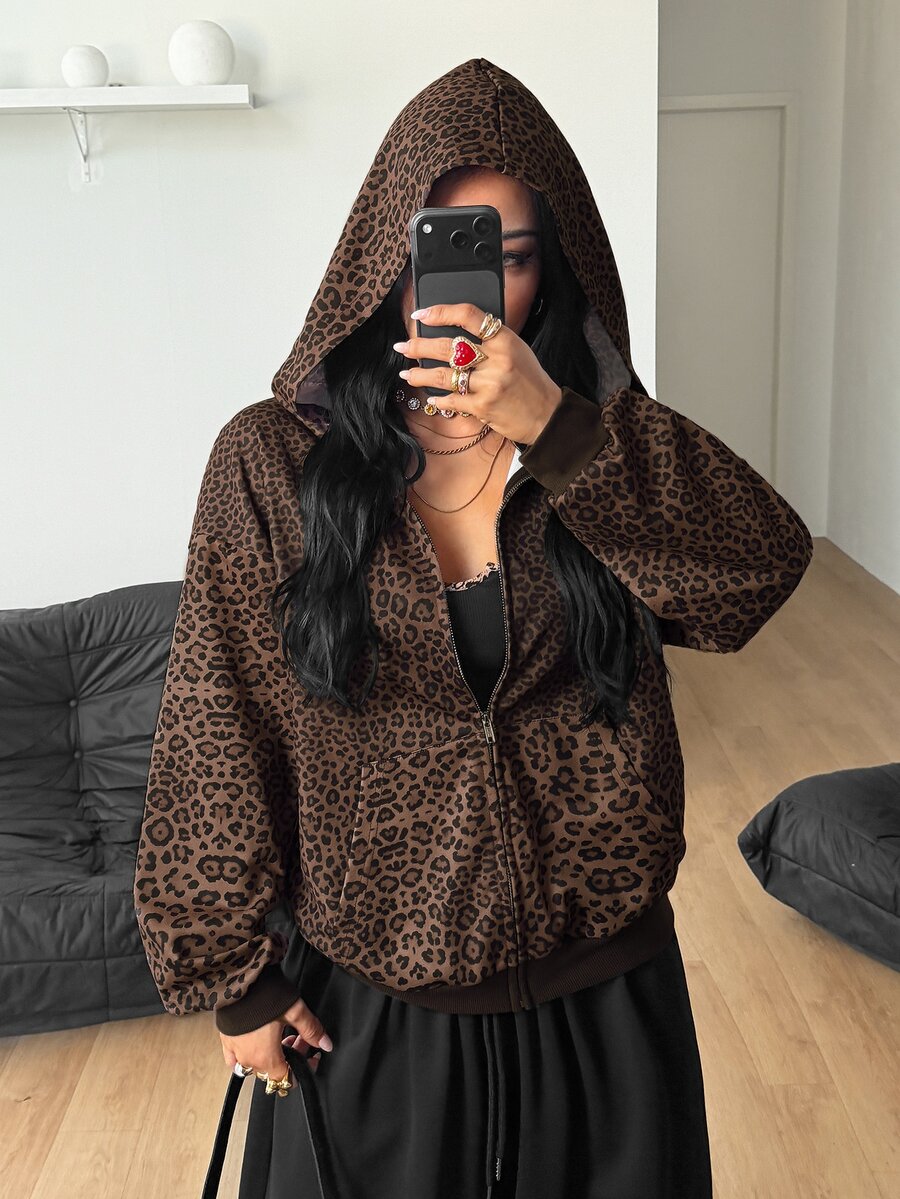 Women's brown leopard print zip-up hoodie with contrast faux fur trim and long bishop sleeves