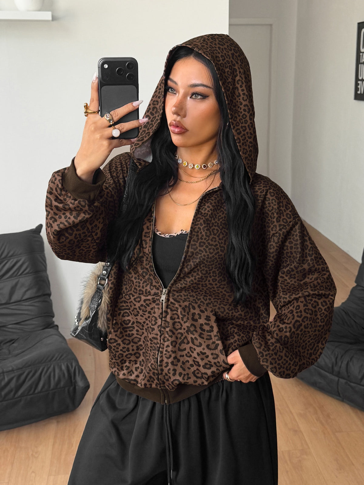 Women's brown leopard print zip-up hoodie with contrast faux fur trim and long bishop sleeves