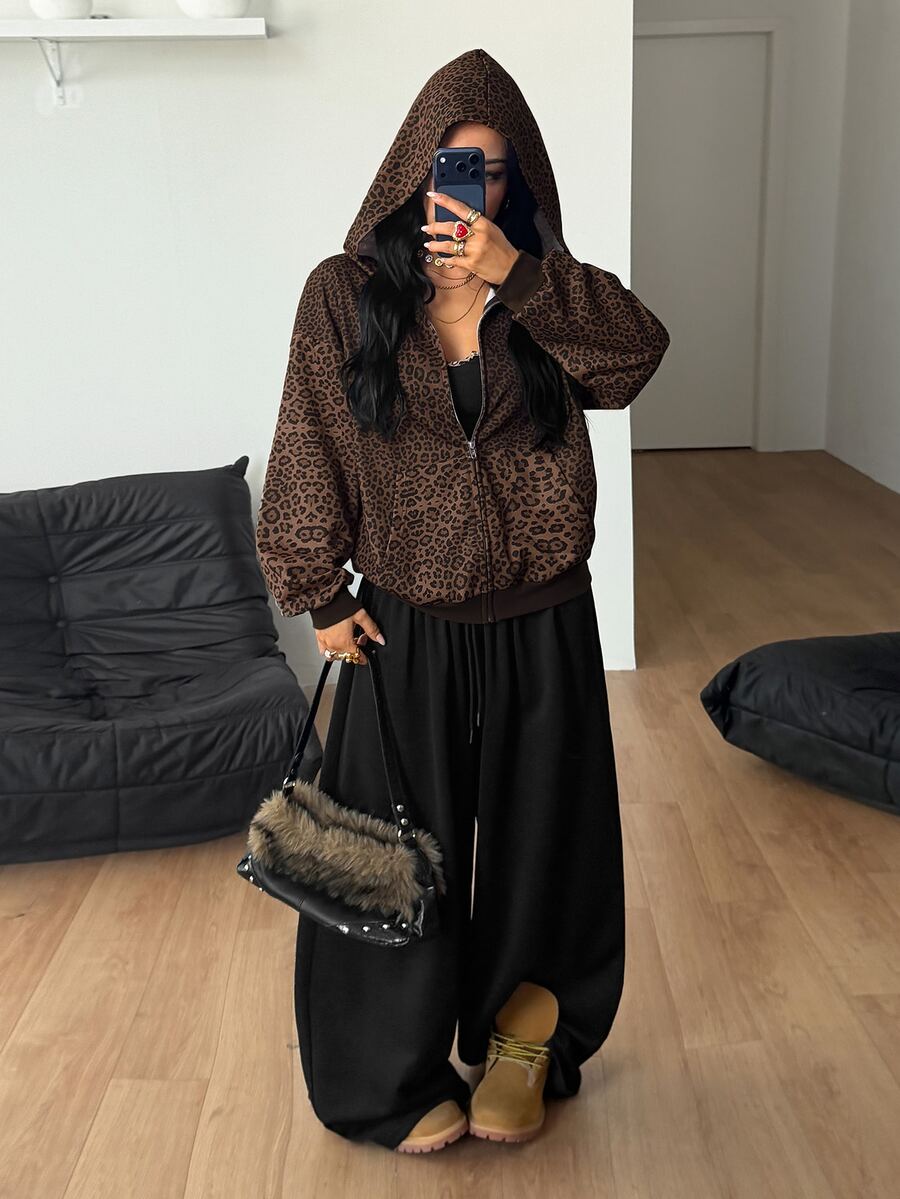 Women's brown leopard print zip-up hoodie with contrast faux fur trim and long bishop sleeves