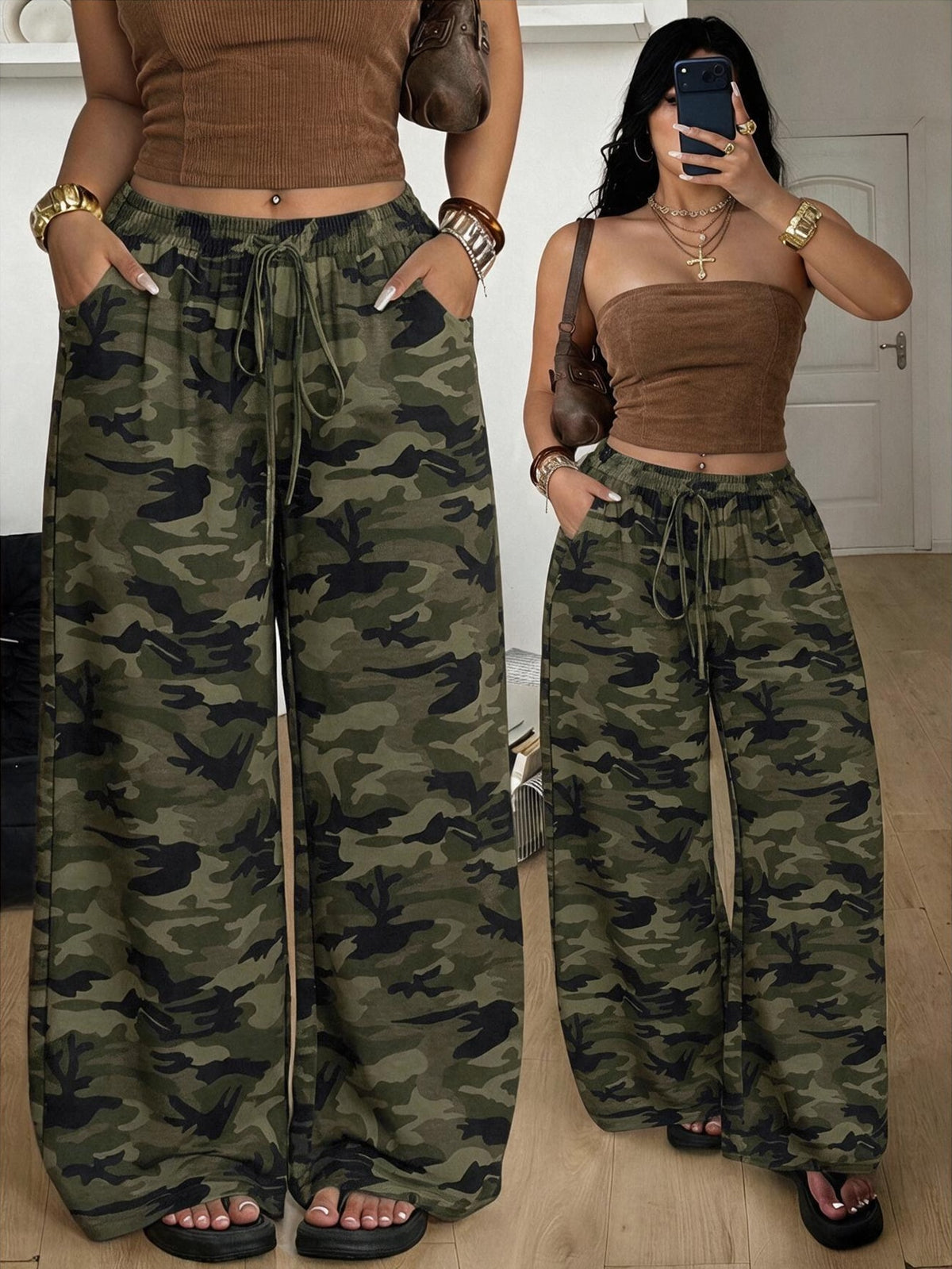 Women's plus size leopard print pants with an adjustable drawstring waist and loose straight leg fit.
