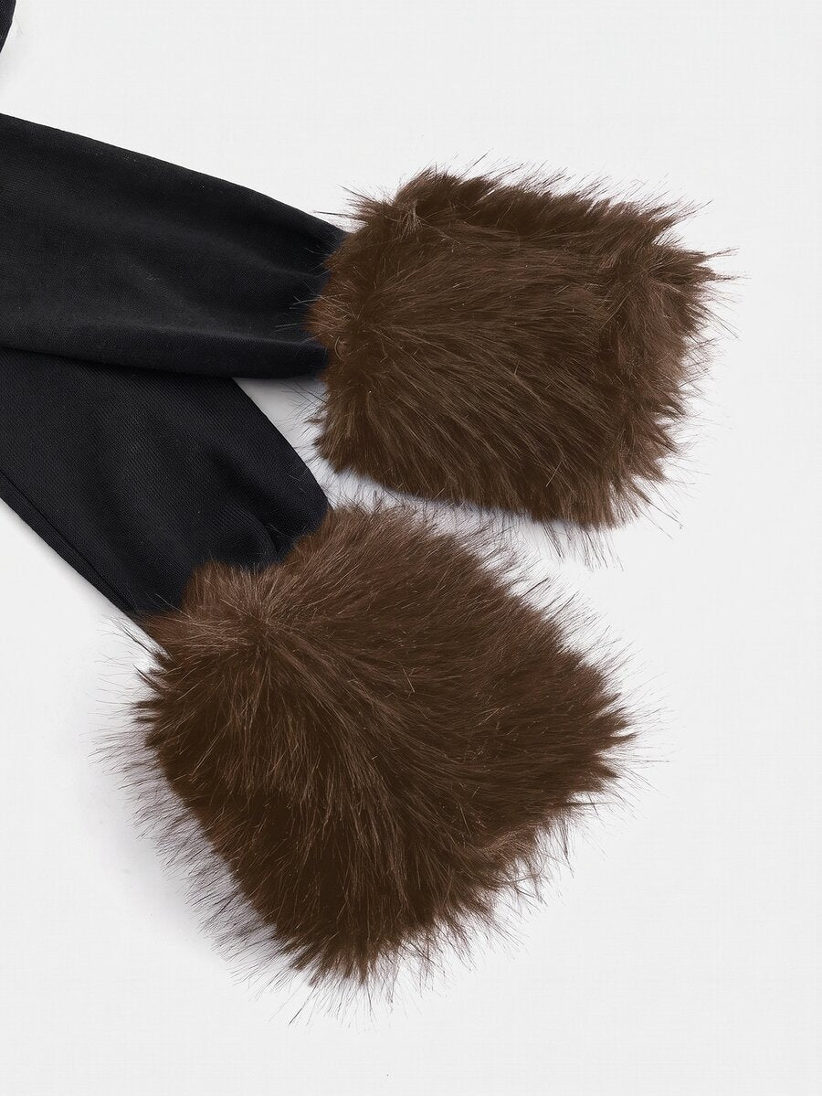 Black long sleeve open front micro crop top featuring contrast fluffy faux fur trim and knitted fabric.