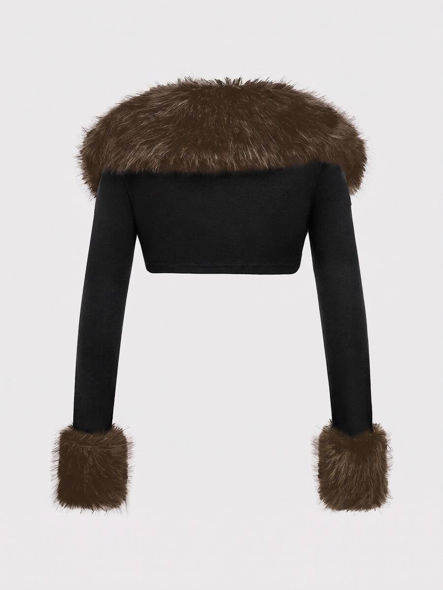 Black long sleeve open front micro crop top featuring contrast fluffy faux fur trim and knitted fabric.