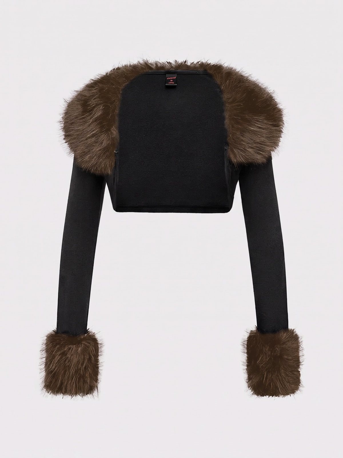 Black long sleeve open front micro crop top featuring contrast fluffy faux fur trim and knitted fabric.