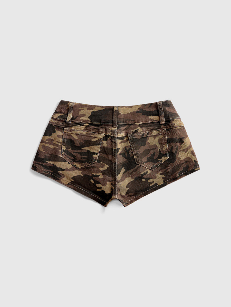 Front view of women's ultra low waist denim mini shorts with double metal button accents and zipper fly