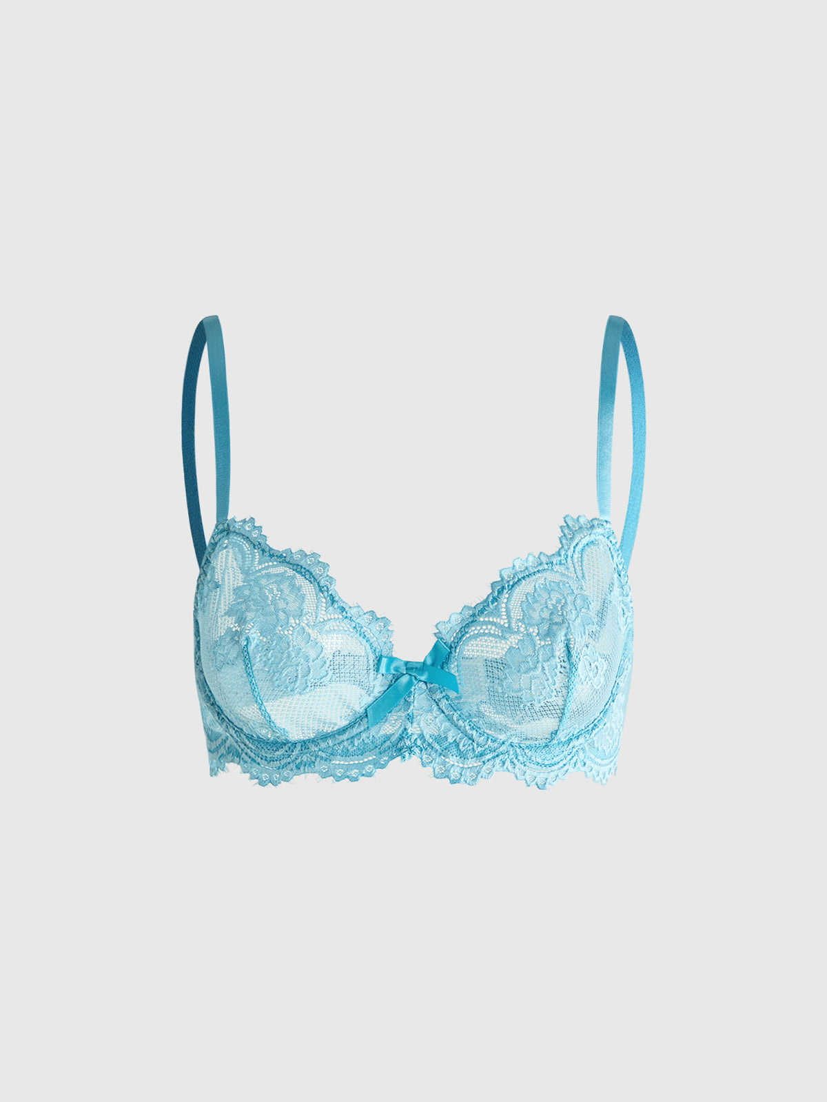 Sheer floral lace underwire triangle bra for women featuring adjustable straps and plunge cup design.