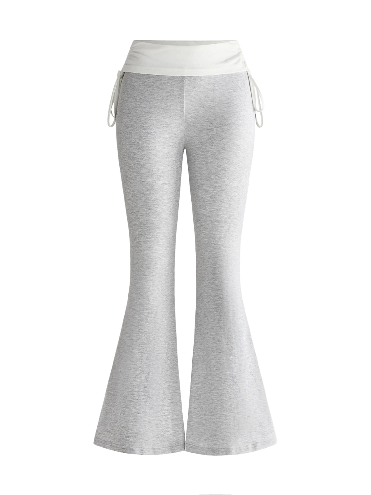 Women's low waist flare leg pants featuring an elastic drawstring waistband and ruched detail in knitted fabric.