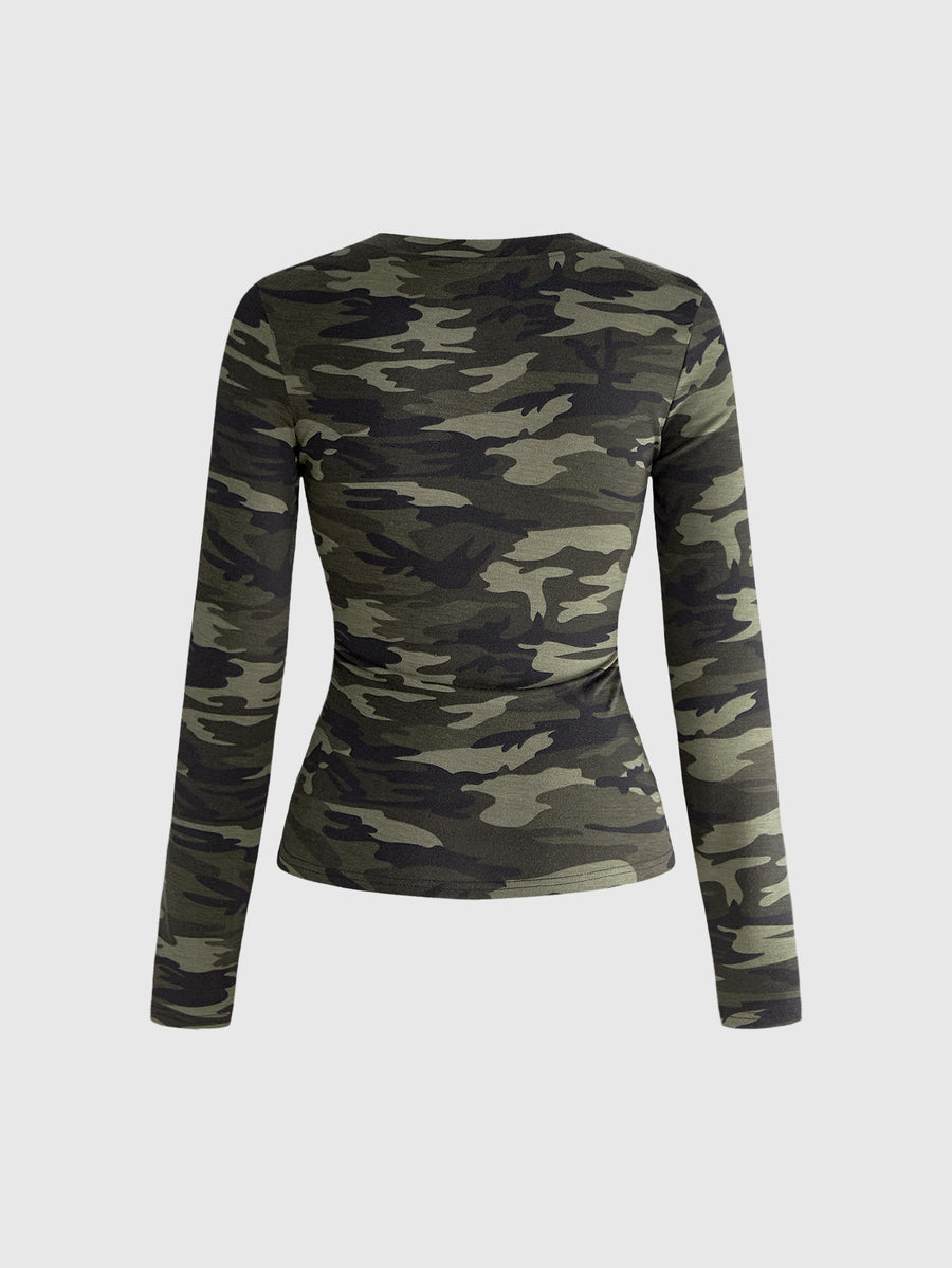 Women's slim fit long sleeve rib-knit henley shirt with scoop neckline and front buttons
