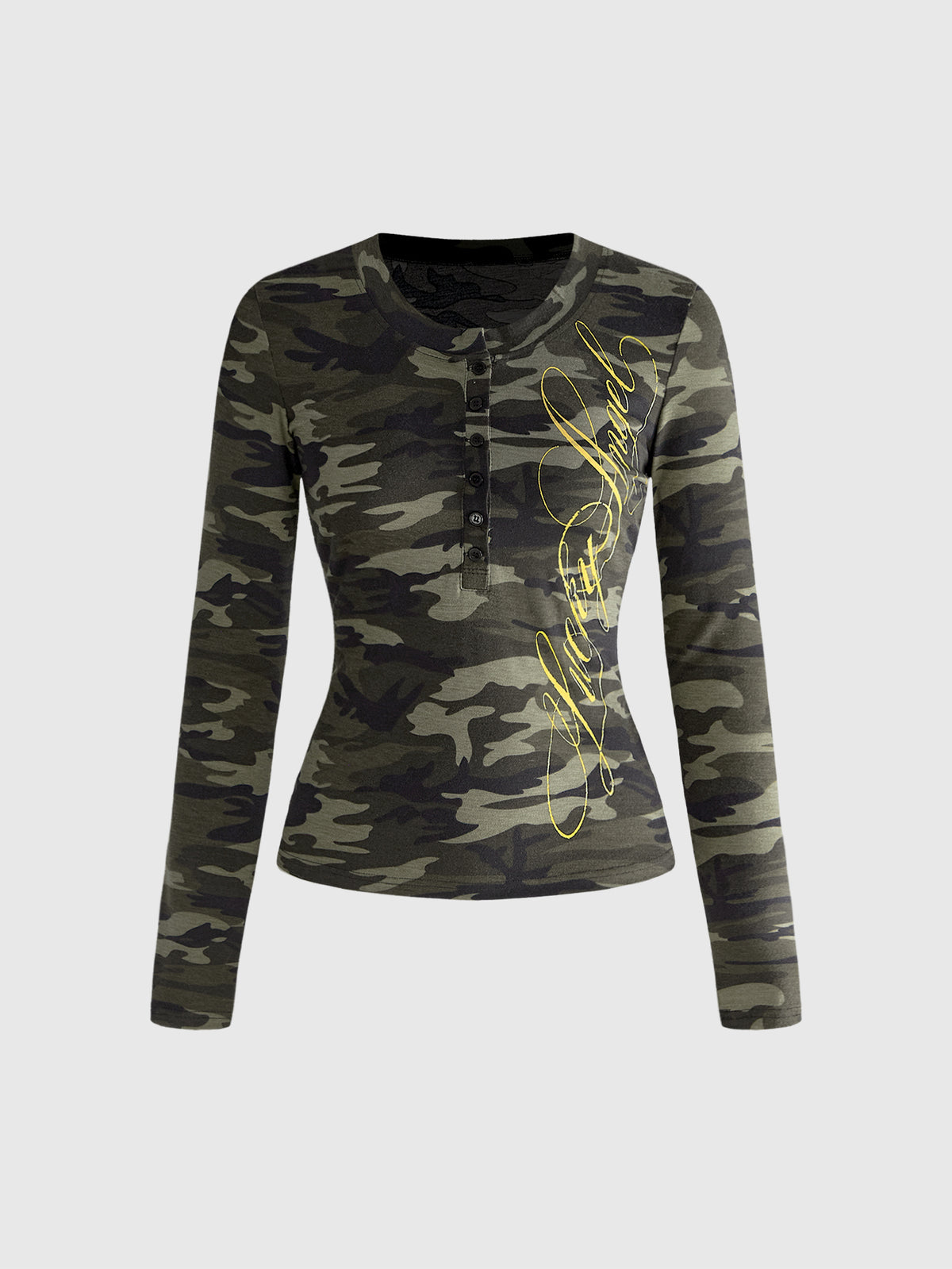 Women's slim fit long sleeve rib-knit henley shirt with scoop neckline and front buttons