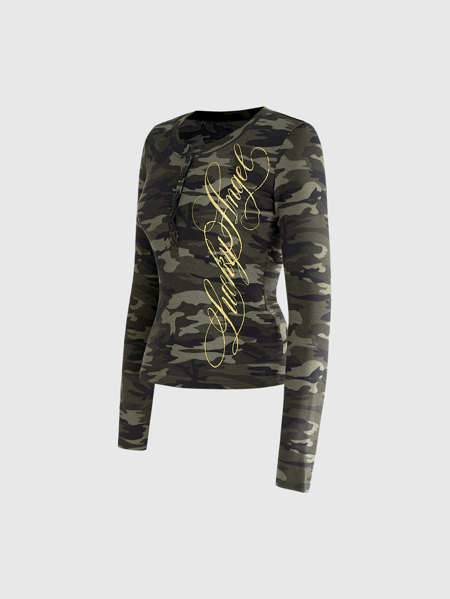 Women's slim fit long sleeve rib-knit henley shirt with scoop neckline and front buttons