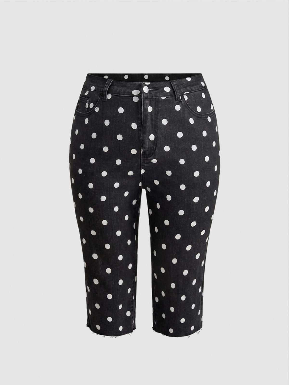 Women's skinny denim capri pants featuring an allover leopard and floral print with button and zipper closure