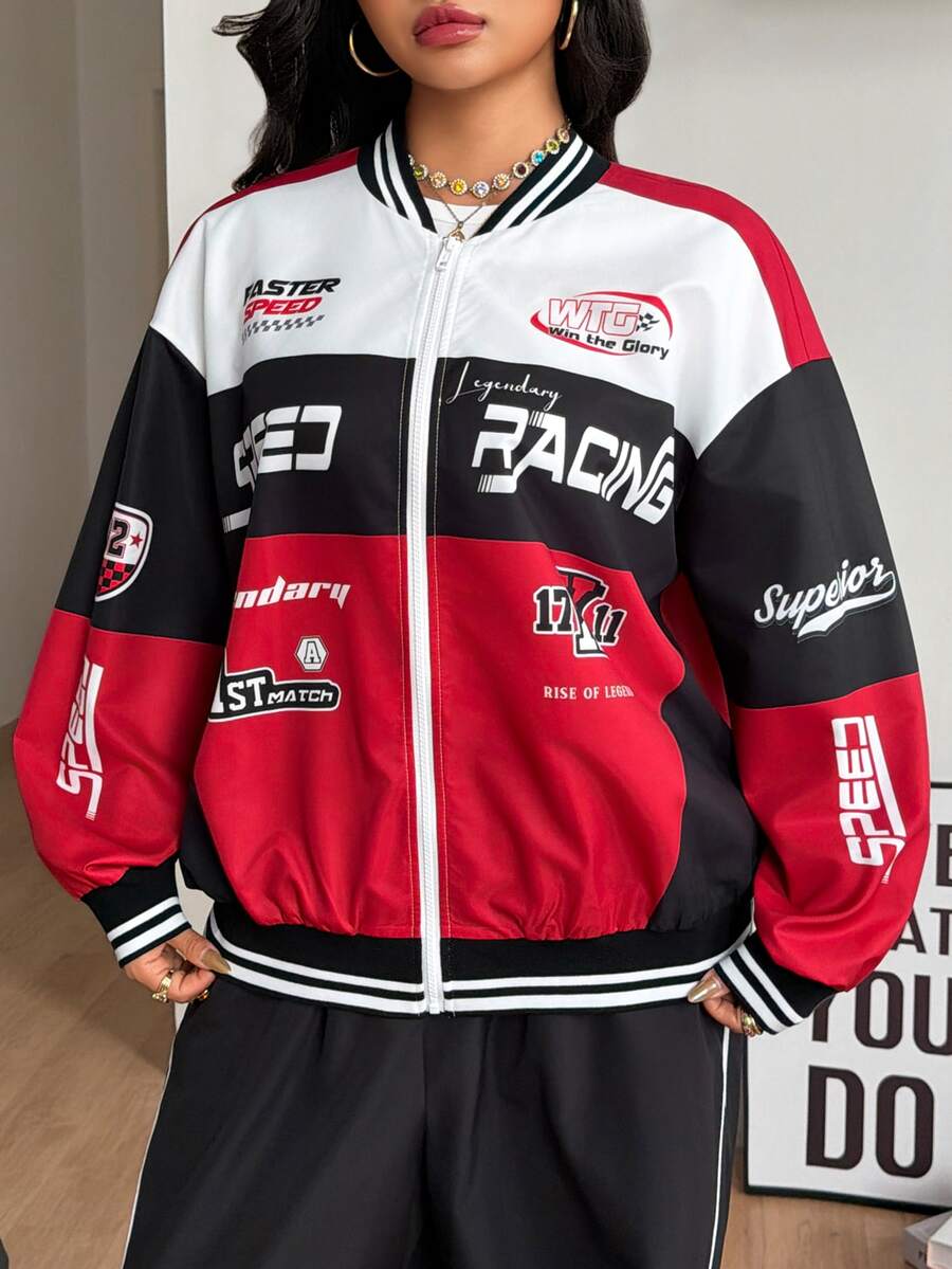 Unisex plus size red and black colorblock baseball bomber jacket with front zipper closure and drop shoulder long sleeves.