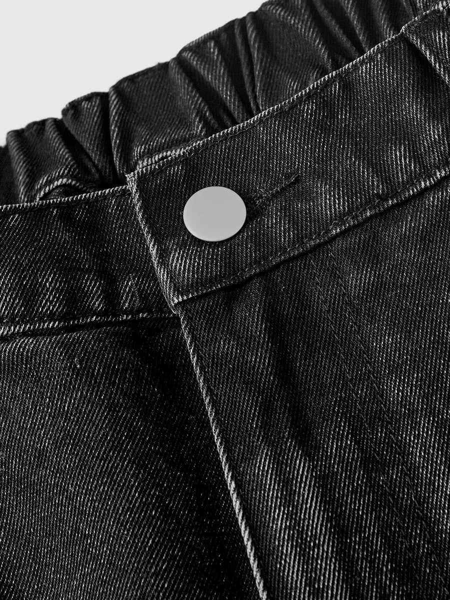 Women's gothic cross print baggy wide leg jeans made from denim with zipper fly and loose fit.