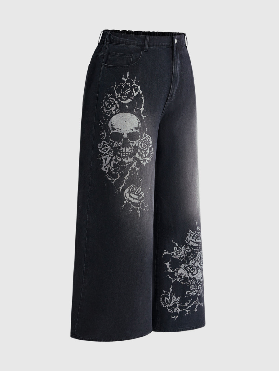 Women's gothic cross print baggy wide leg jeans made from denim with zipper fly and loose fit.
