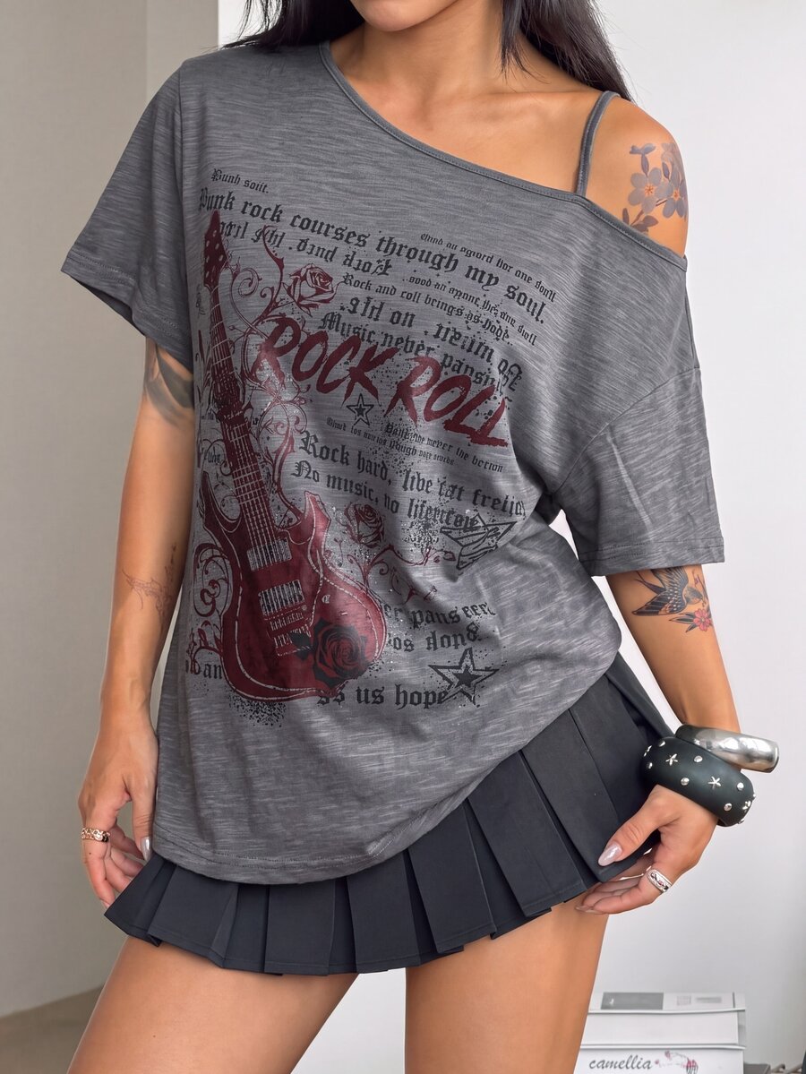 Women's casual loose fit cold shoulder cotton t-shirt with asymmetrical cutout neckline and short sleeves.