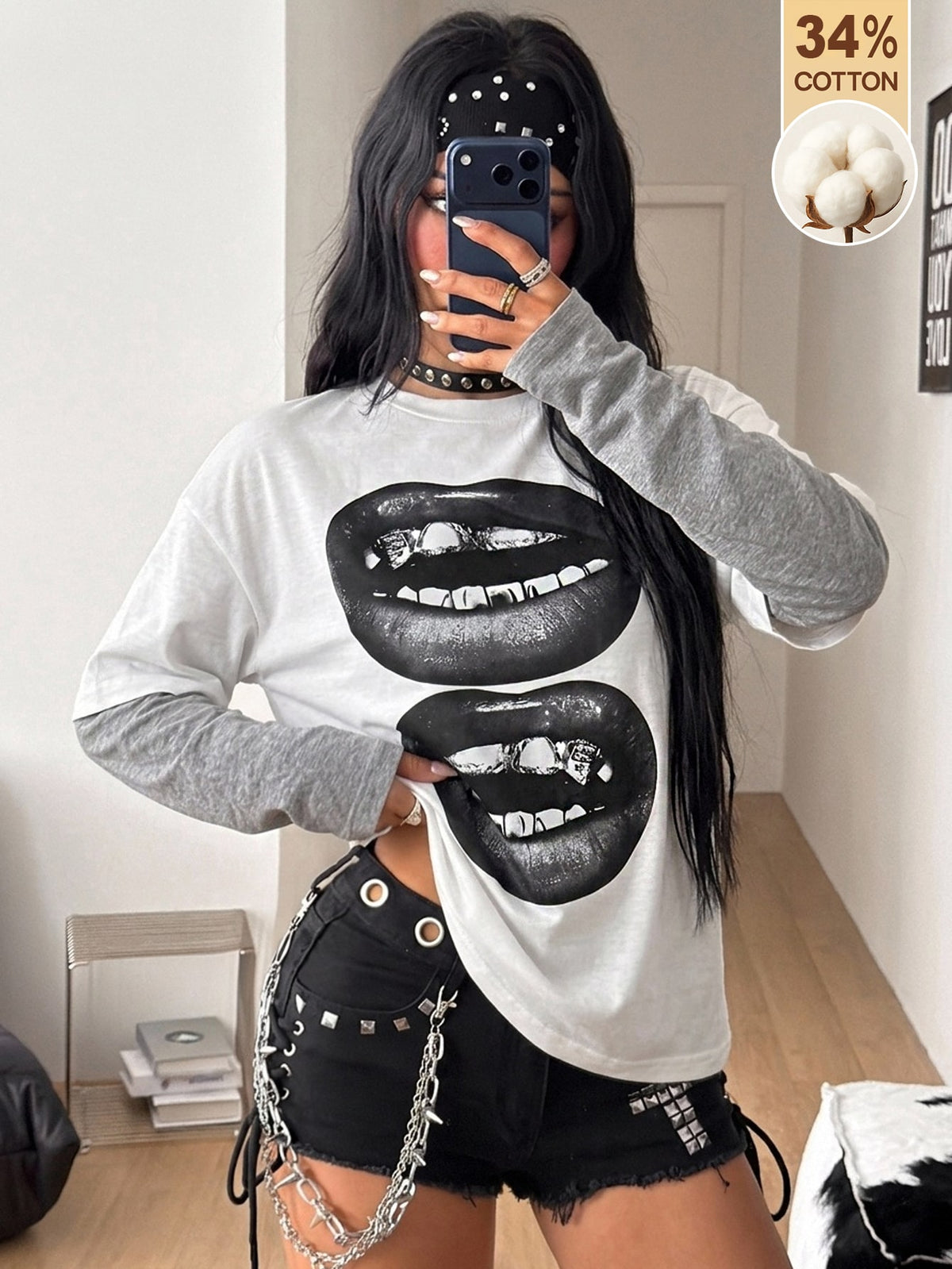 Women's casual graphic long sleeve t-shirt with a round neck, drop shoulder sleeves, and loose relaxed fit.
