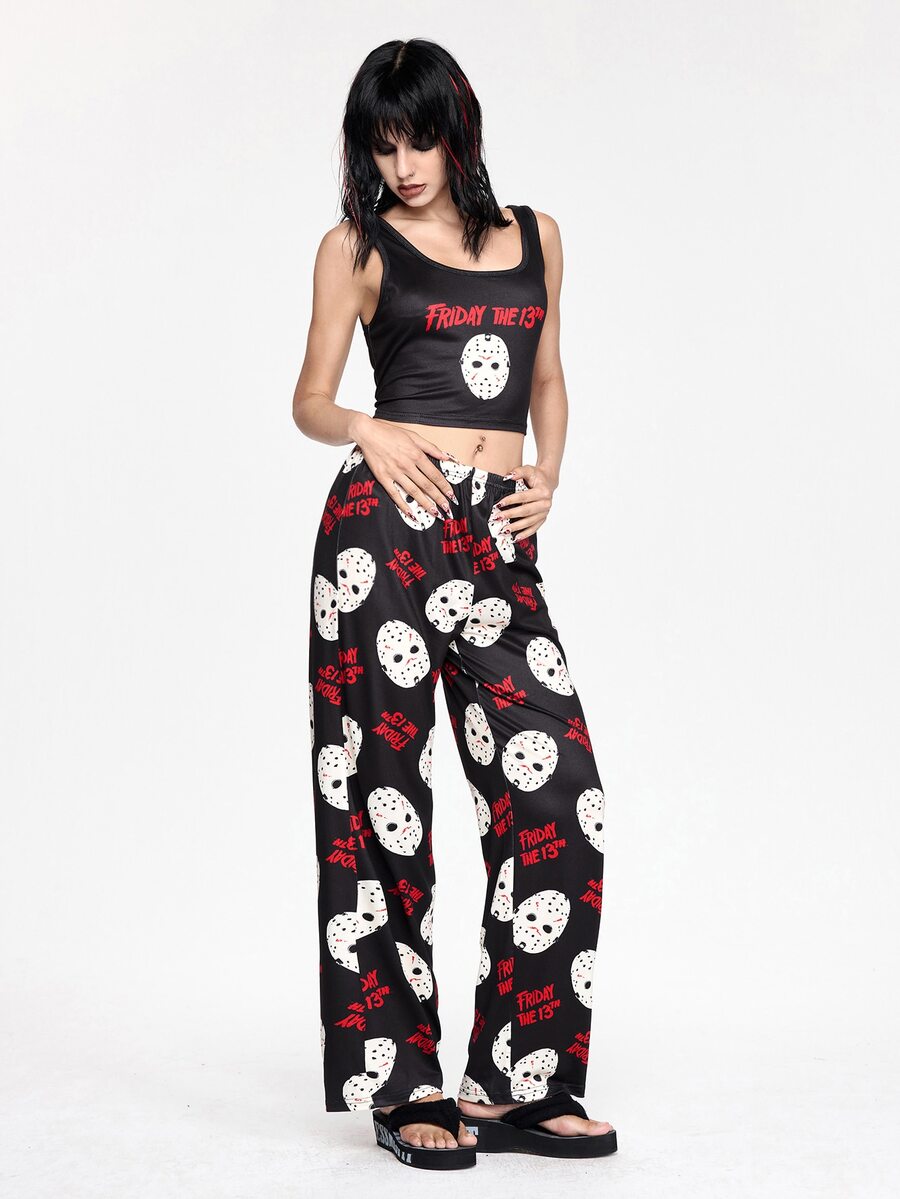 Women's gothic skull face print pajama set featuring a slim fit crop camisole and matching pants