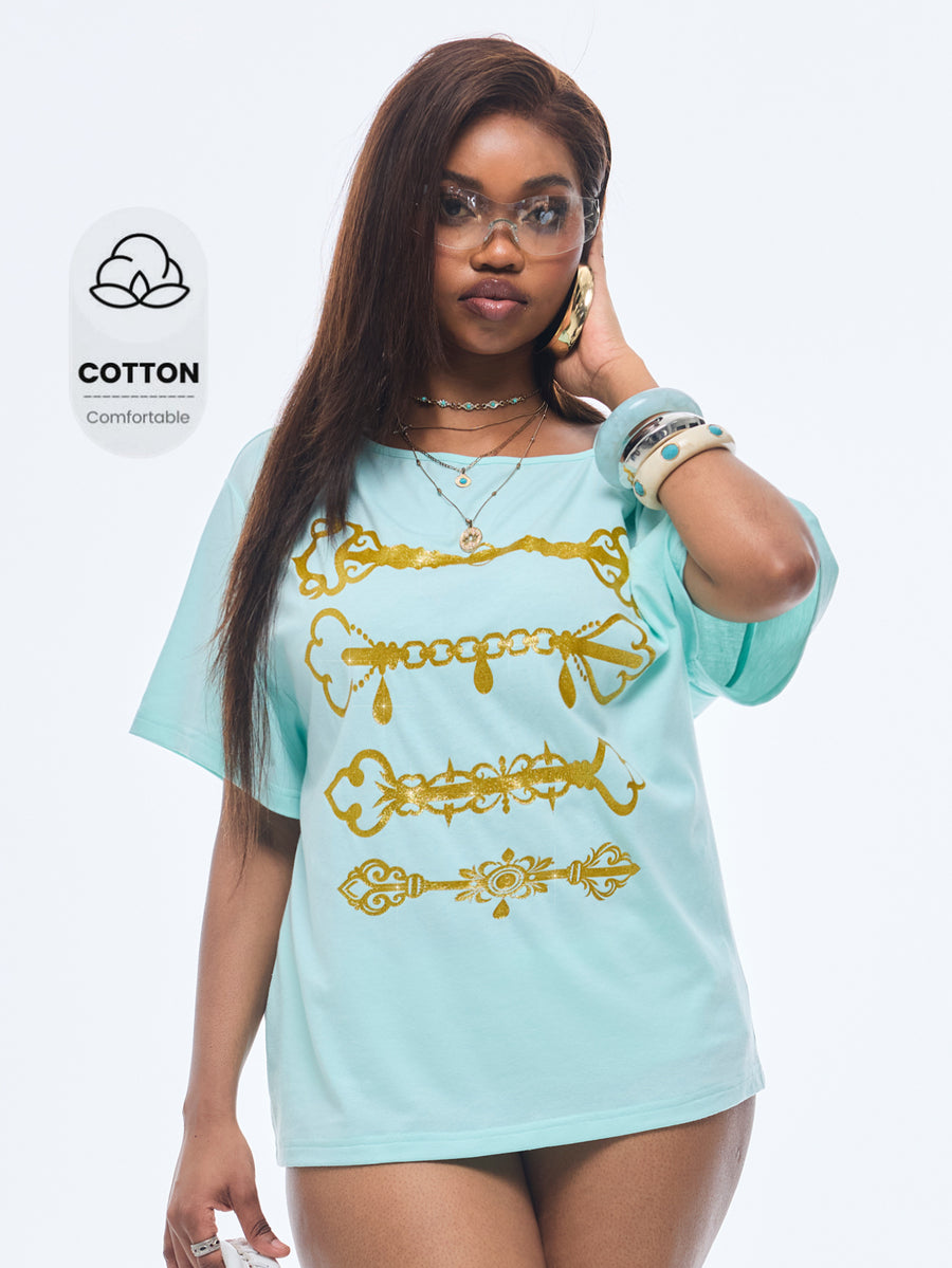 Women's casual loose fit cold shoulder cotton t-shirt with asymmetrical cutout neckline and short sleeves.