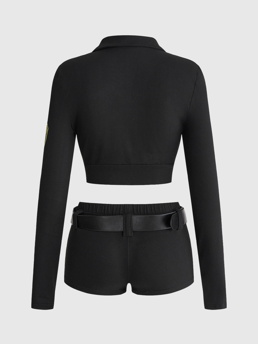 Women's two-piece black police cosplay costume set including a long sleeve zip-up cropped lapel top and low waist mini shorts.