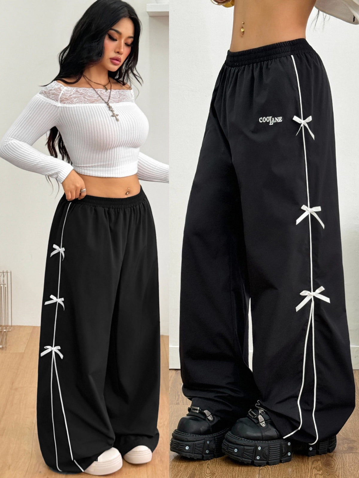 Plus size loose straight leg casual pants with elastic drawstring waist, contrast binding, and side pockets.