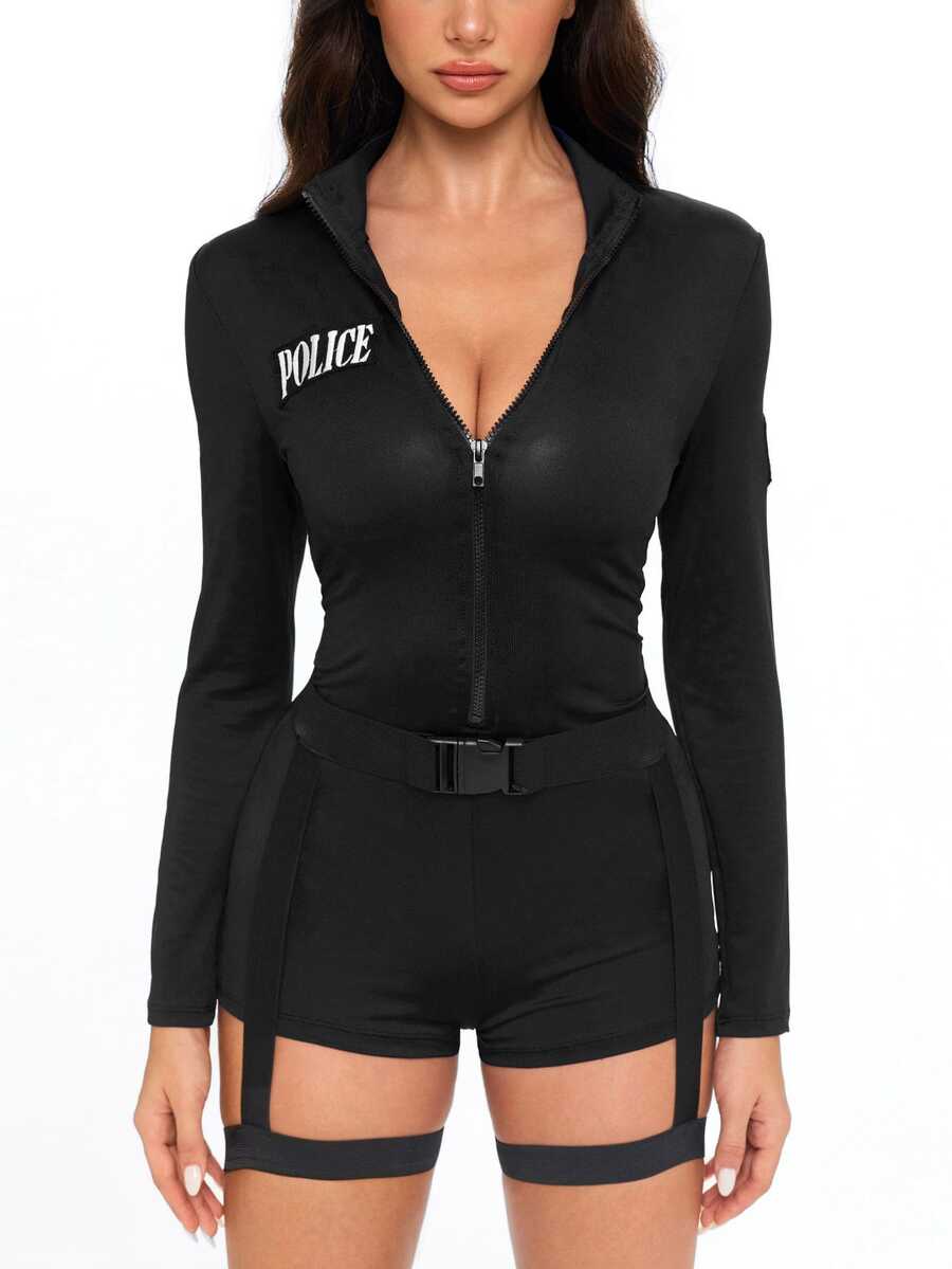 Women's blue colorblock police costume set featuring a long sleeve front zipper jumpsuit, turn-down collar, and matching waist belt with leg garter.