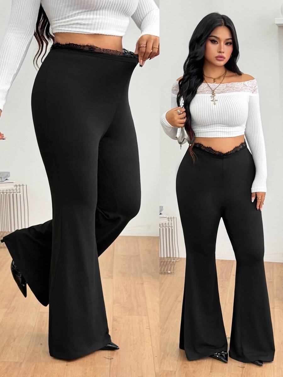 Women's plus size black flare leg pants with high elastic waist in stretchy knit fabric