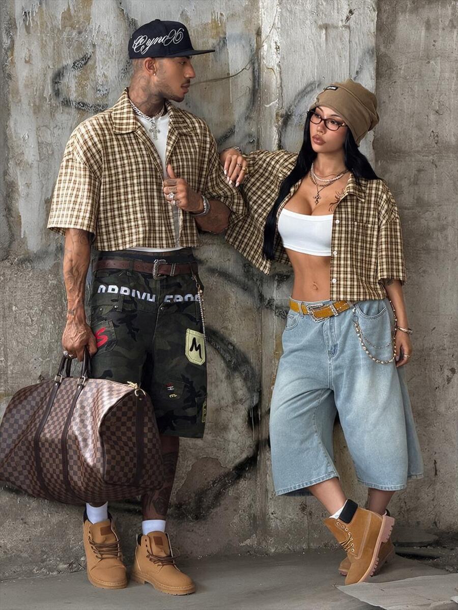 Women's plaid crop shirt with button front, chest pocket, short sleeves, and loose casual fit.