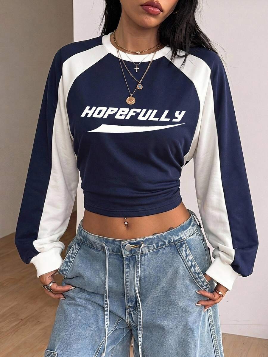 Women's brown waist-cinching sweatshirt featuring a round neck, drop shoulder long sleeves, and rib-knit cuffs.